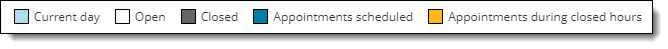 The calendar key monthly view identifies: current day, open hours, closed hours, scheduled appointments, and appointments scheduled during closed hours.